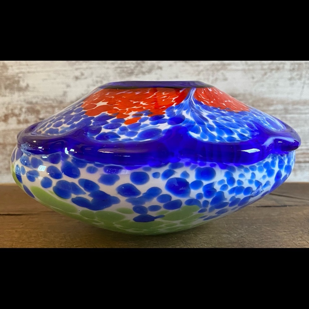 Murano style blue, orange, green and white heavy art glass bowl